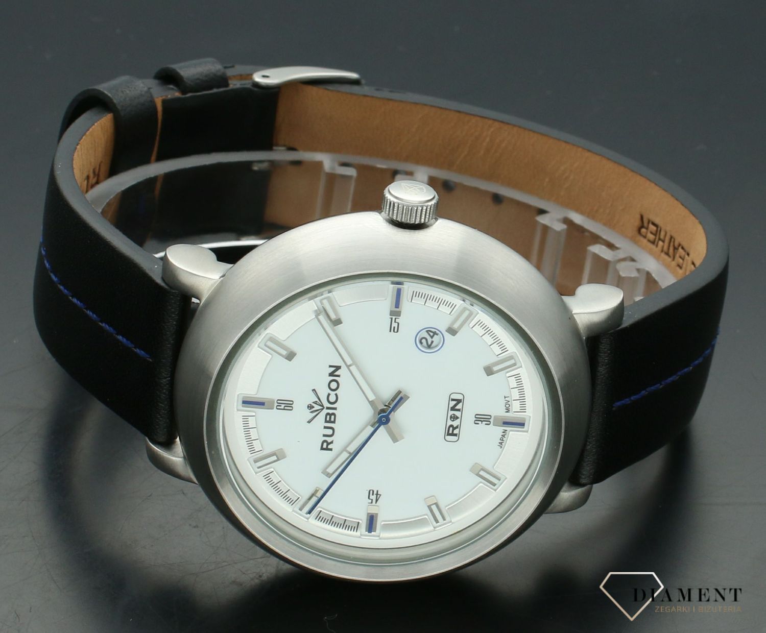 Zegarek męski na skórzanym pasku Rubicon RNAC71 black white blue (2).jpg